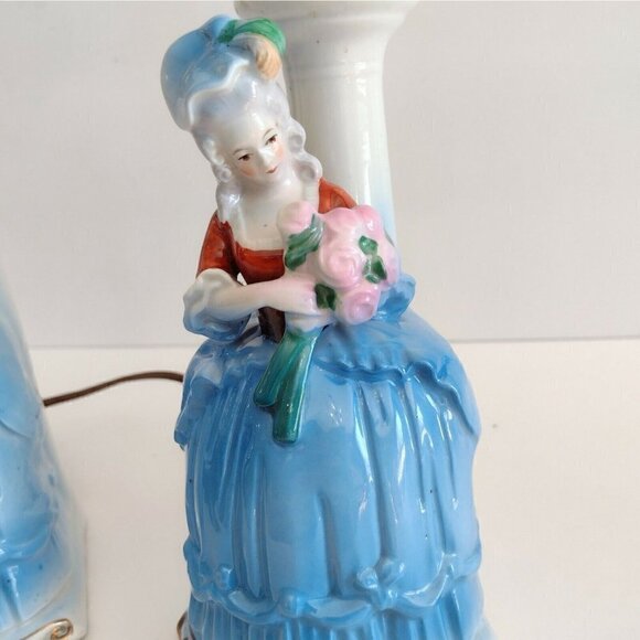 Vintage Pair Art Deco Sitzendorf German Porcelain Figurine Lamps Victorian Lady - Picture 8 of 12